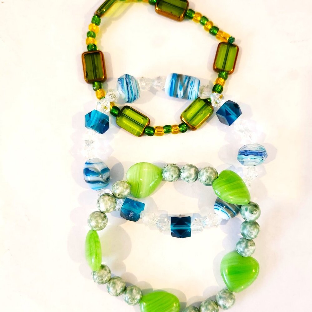 Lot of 3 bracelets Hand made Approx 9"- larger Green Blue Discount Shipping!